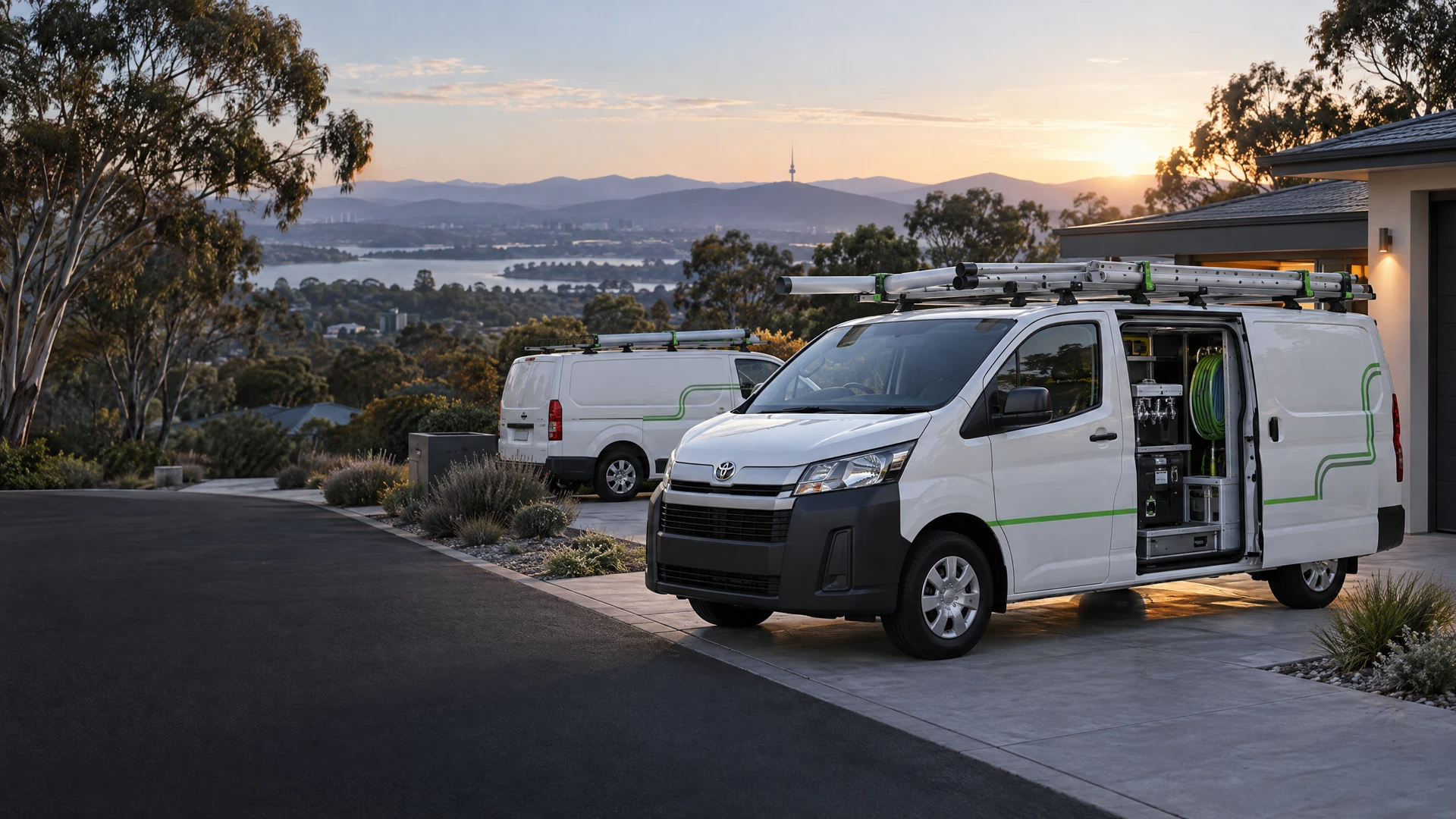 Two plumbing service vans outside a Canberra home