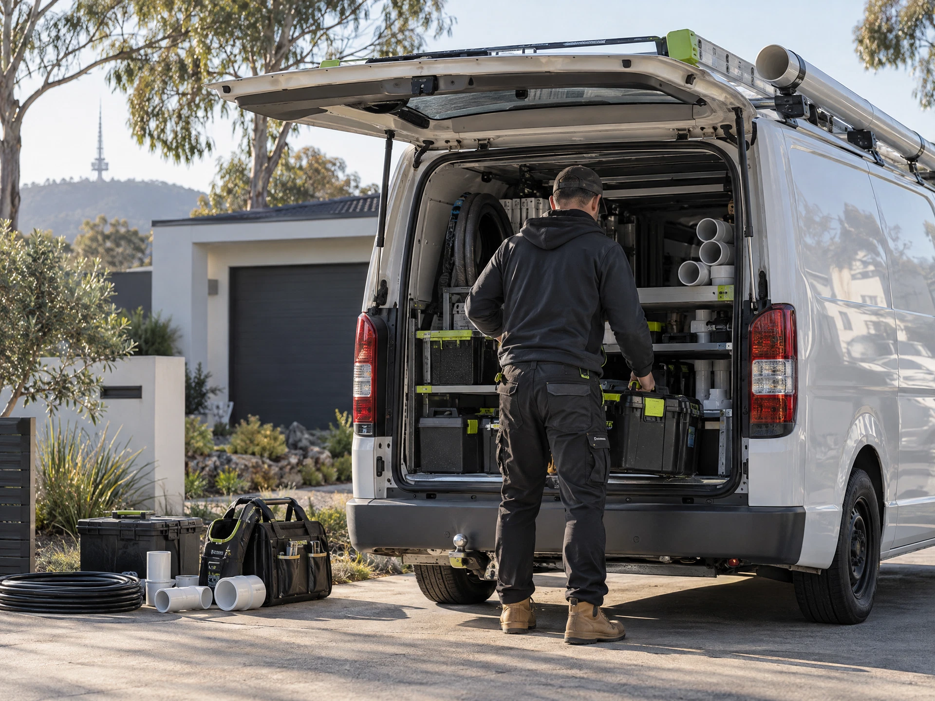 Plumber loading tools into a service van